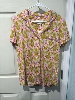 Anthropologie Short-Sleeve Printed Pajama Top in Olive, Pink & Cream